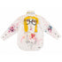 White button-down shirt hand-painted on the back with a whimsical face featuring yellow hair, striped glasses, and a pink heart on the chest, 'Love' script on the collar, heart and doodle patches on both sleeves, and colorful paint splatters throughout — Kerri Rosenthal wearable art