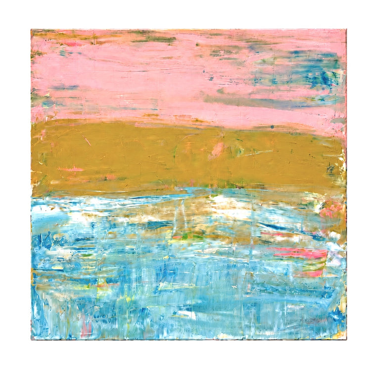 Last Light in Malibu, an abstract painting of a pink sky, golden shore, and textured turquoise water.
