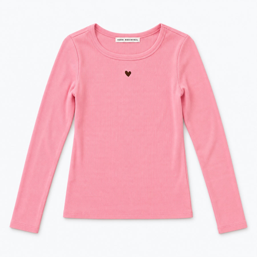 Flat view of the Long Sleeve Rib Tee in pink with a ribbed knit and a small heart at the chest