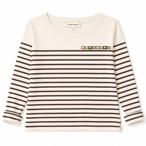 Kerri Rosenthal Artist Long Sleeve Tee in caramel stripe with embroidered Love Brigade detail.