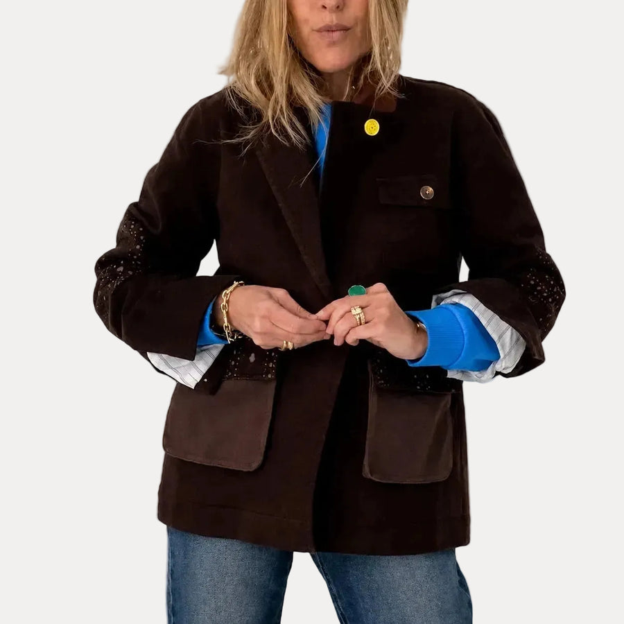 Kerri Rosenthal Love Brigade Barn Blazer in brown brushed cotton twill with corduroy denim undercollar — shop women's blazers by Kerri Rosenthal
