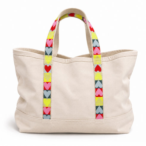 Love brigade multicolor tote in 100% cotton canvas with 'Love Brigade' tape embroidered by Kerri Rosenthal