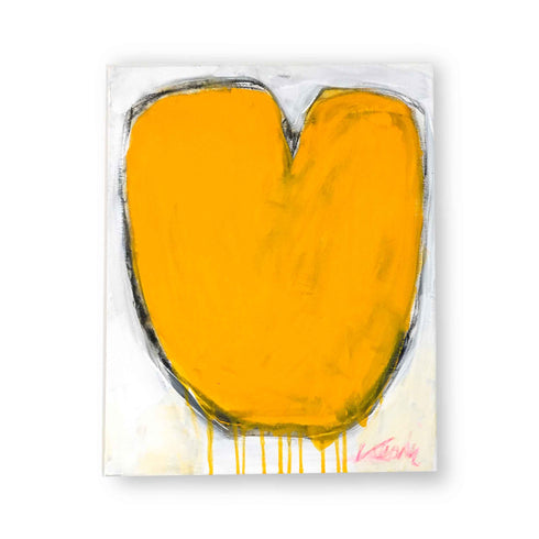 Abstract painting of a yellow heart with a black outline and dripping paint on a white canvas, signed by Kerri.