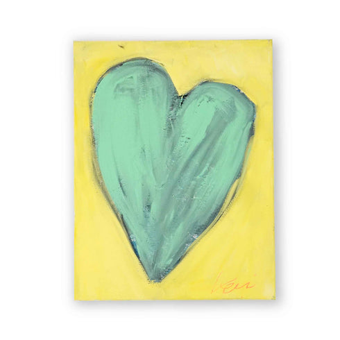 Original heart painting in seafoam green on a lemon yellow field, thick directional brushwork and a charcoal underlayer at the edges