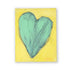 Original heart painting in seafoam green on a lemon yellow field, thick directional brushwork and a charcoal underlayer at the edges