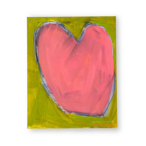 bstract painting of a pink heart outlined in blue on a chartreuse green background, signed by Kerri.