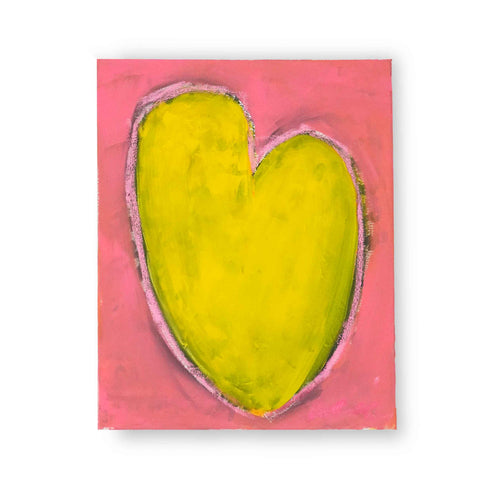 Original heart painting in olive and citron green ringed by a bright pink outline against a watermelon red ground