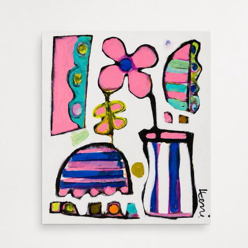 Lunch Alfresco by Kerri Rosenthal is a colorful, expressive artwork featuring playful florals, graphic shapes, and bold painterly details in pink, blue, green, orange, and black.