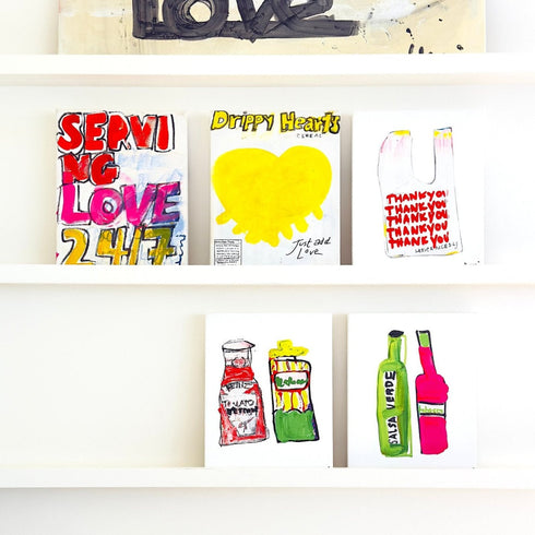 A collection of mini stretched canvas wall or shelf art - Modern original artwork for kitchen, breakfast nook, pantry by Kerri Rosenthal