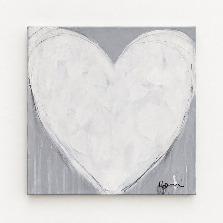 Morning My Love, an original white heart painting on gray canvas by Kerri Rosenthal