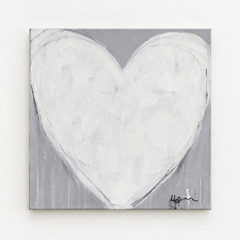 Morning My Love, an original white heart painting on gray canvas by Kerri Rosenthal