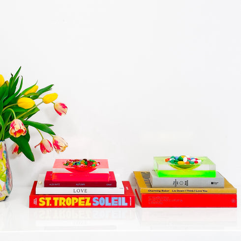 modern square acrylic decorative bowl hot pink and neon yellow home decor bowls - Kerri Rosenthal colorful coastal interior design