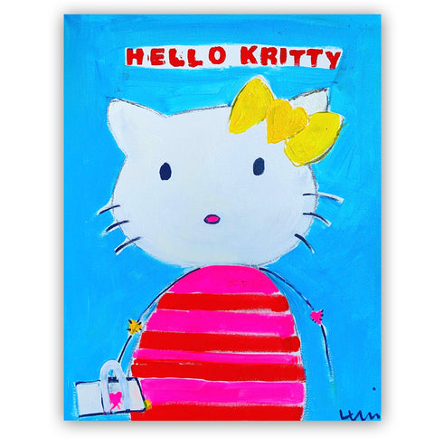 Kerri's love of Hello Kitty artwork inspired her to paint this portrait of the famous Miss Kitty, modern home decor abstract wall art.