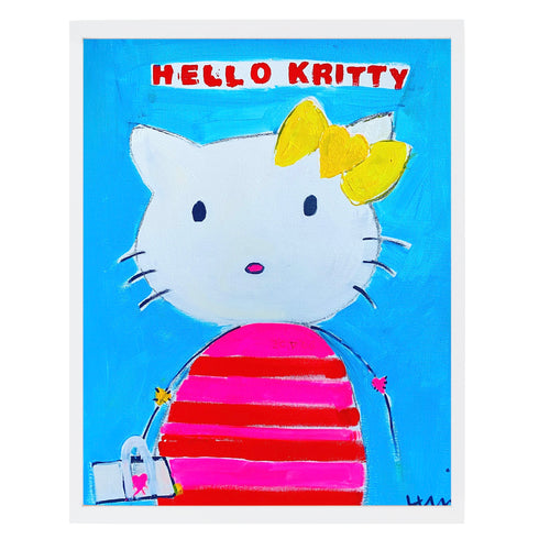 Kerri's love of Hello Kitty artwork inspired her to paint this portrait of the famous Miss Kitty, modern home decor abstract wall art.