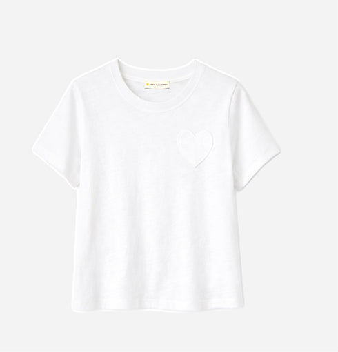 Slub white tee shirt in cotton with relaxed fit and heart patch pocket - Shop women's cute cotton tees by Kerri Rosenthal