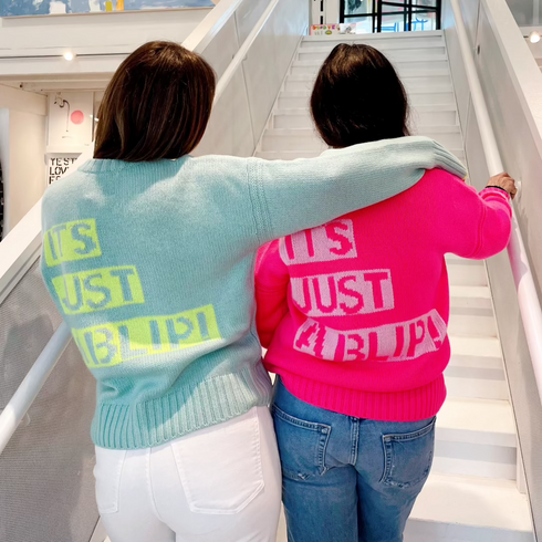 Neon hot pink & aqua blue cashmere long sleeve sweaters "It's just a blip" - Sweater by Kerri Rosenthal