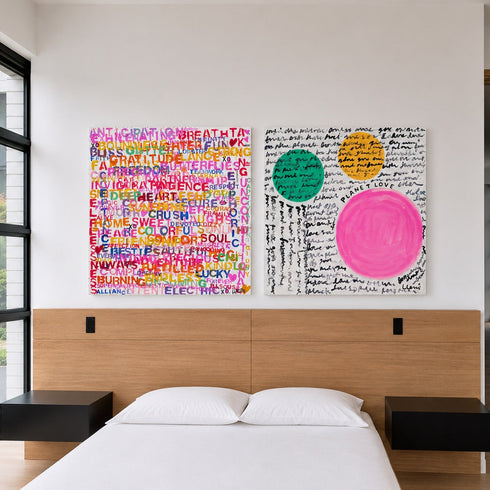 Modern bedroom with a bed, wooden headboard, and colorful abstract art on the wall.