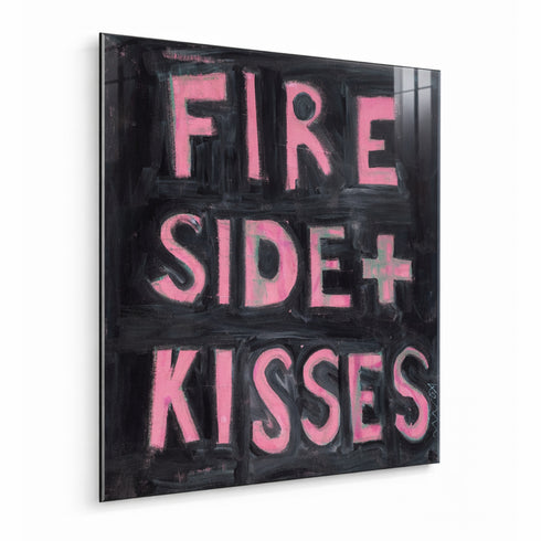 Kerri Rosenthal "Fireside + Kisses" unframed painting side angle view, black background with pink hand-lettered text showing brushstroke texture and dimension in plexi frame