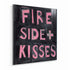 Kerri Rosenthal "Fireside + Kisses" unframed painting side angle view, black background with pink hand-lettered text showing brushstroke texture and dimension in plexi frame