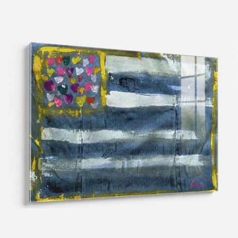 Abstract Flag painting framed in Plexi Glass with blue, white, and multicolored heart design on a white background. Artwork by Kerri Rosenthal.