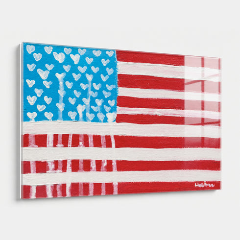 American Flag painting by Kerri Rosenthal featuring her signature Drippy Hearts motif as stars shown with plexi glass framing