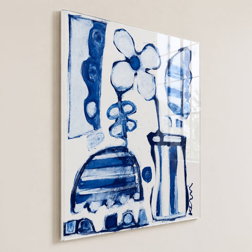 Abstract painting in plexi in blue and white tones featuring a stylized flower, striped vase and urn shapes, and scalloped geometric patterns, signed by the artist in the lower right corner. Artist Kerri Rosenthal.