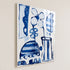 Abstract painting in plexi in blue and white tones featuring a stylized flower, striped vase and urn shapes, and scalloped geometric patterns, signed by the artist in the lower right corner. Artist Kerri Rosenthal.