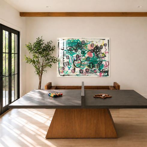 Plexi abstract canvas painting by Kerri with teal, black and pink heart motifs above billiards table in modern game room