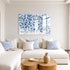 Starry Starry Love by Kerri Rosenthal — hand-painted hearts and stars in blue, navy, and grey on plexi in white living room with blue and white graphic pillows.