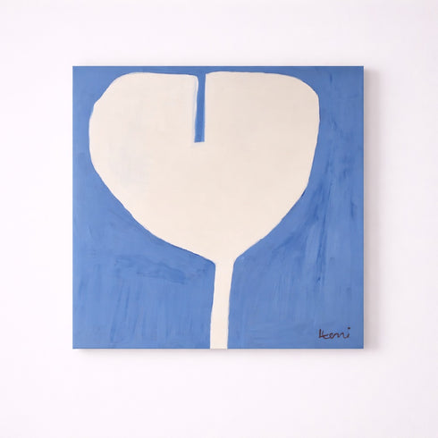 Abstract art piece with a white shape on a blue background