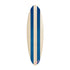 Positano Stripe — hand-painted indigo blue surfboard by Kerri Rosenthal, vertical canvas of coastal stripes, signed by Kerri