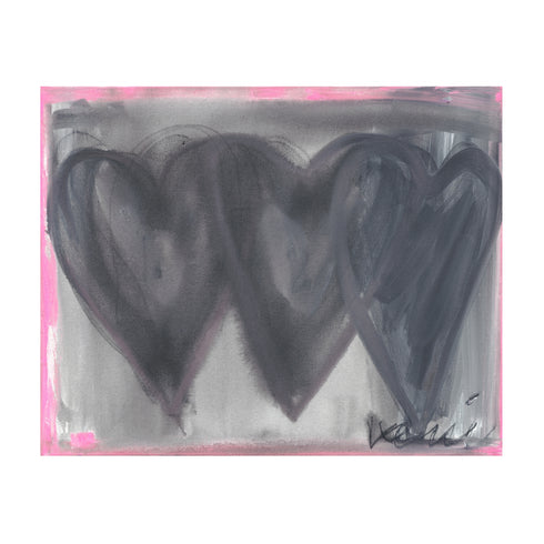 Close-up of hand-painted 3 black connecting hearts and gray and pink background texture and brushstrokes on Holding Hearts art print by Artist Kerri Rosenthal.