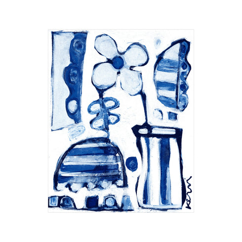 Abstract painting in blue and white tones featuring a stylized flower, striped vase and urn shapes, and scalloped geometric patterns, signed by the artist in the lower right corner. Artist Kerri Rosenthal.
