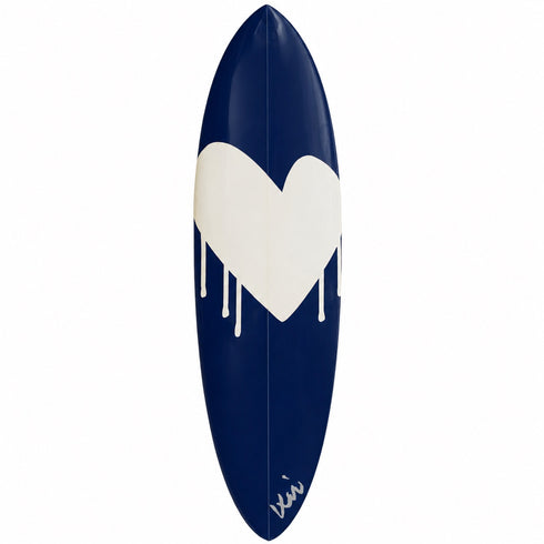 Kerri Rosenthal navy surfboard with white drip heart, displayed vertically