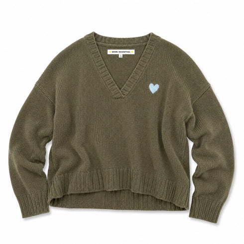 Saturday V-neck cotton knit sweater in army green with embroidered blue heart flay lay- Shop women's sweaters by Kerri Rosenthal