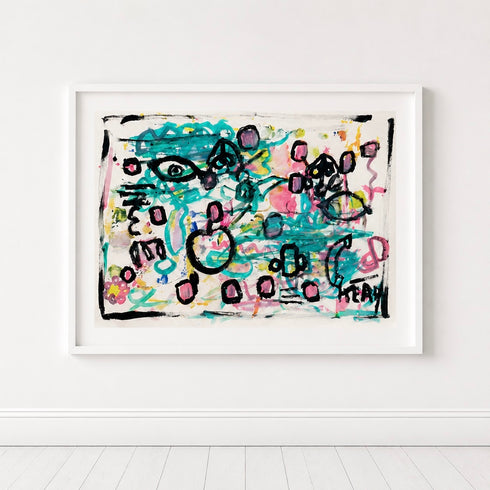 Kerri Rosenthal original mixed media abstract painting with bold black symbols, hearts, eyes, and gestural marks over layers of turquoise, blush pink, and yellow on white paper, signed by Kerri Rosenthal.