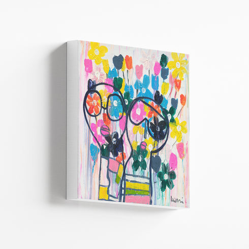 She Wears Flowers In Her Hair is a vibrant, happy, colorful modern wrapped canvas wall art print of an original painting by Kerri Rosenthal