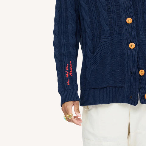 Helen shawl collar blue button-front cardigan in cotton cashmere blend with multi-color braided art and pockets embroidered sleeve 'on and on forever' - Shop women’s cardigans by Kerri Rosenthal