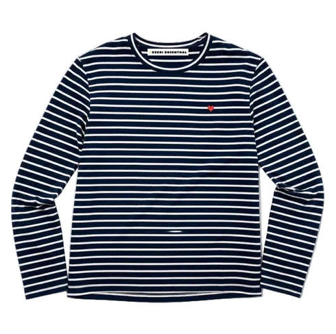 Flat lay of a Kerri Rosenthal navy and white striped long sleeve crewneck top with a small red embroidered heart on the chest.