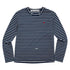 Flat lay of a Kerri Rosenthal navy and white striped long sleeve crewneck top with a small red embroidered heart on the chest.