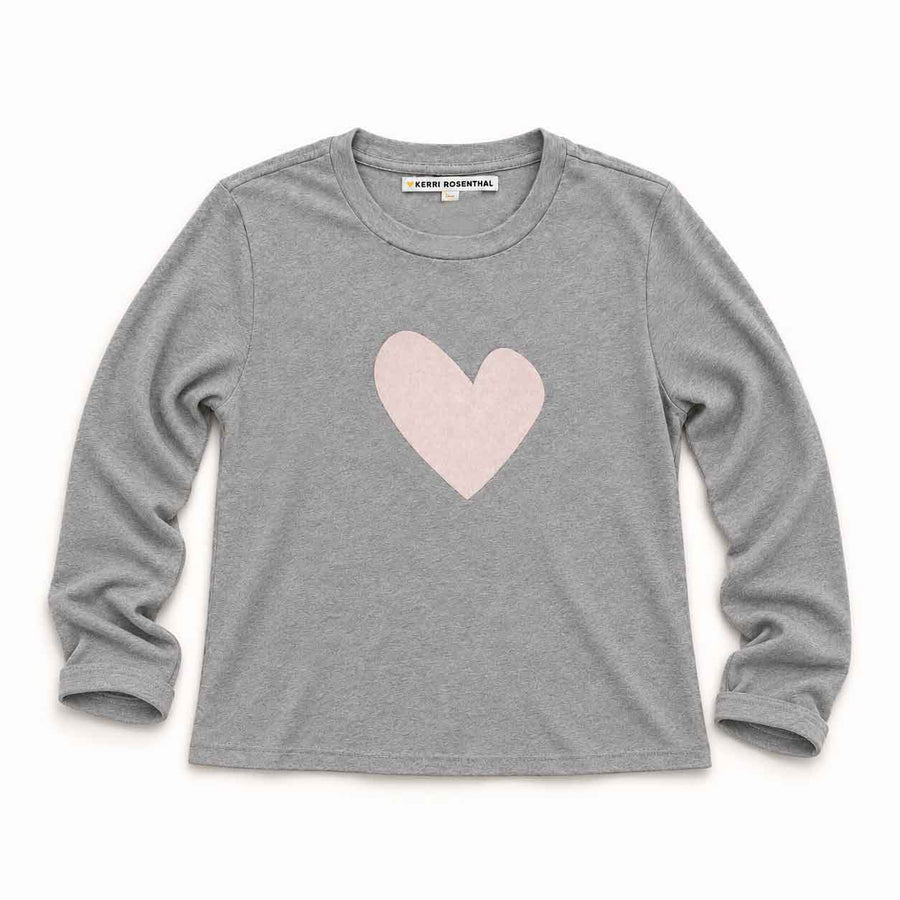 Long Sleeve Suke Tee in Heather Gray with heart print on chest.