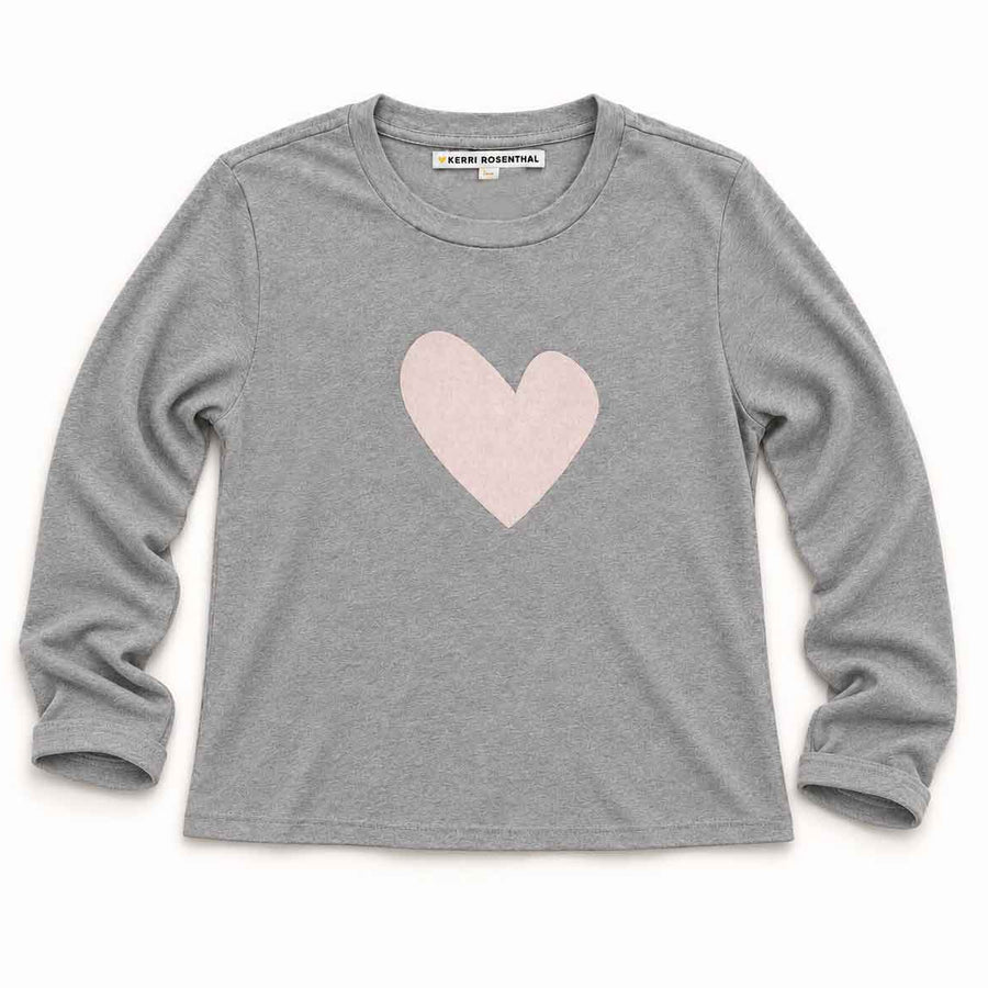 Long Sleeve Suke Tee in Heather Gray with heart print on chest.