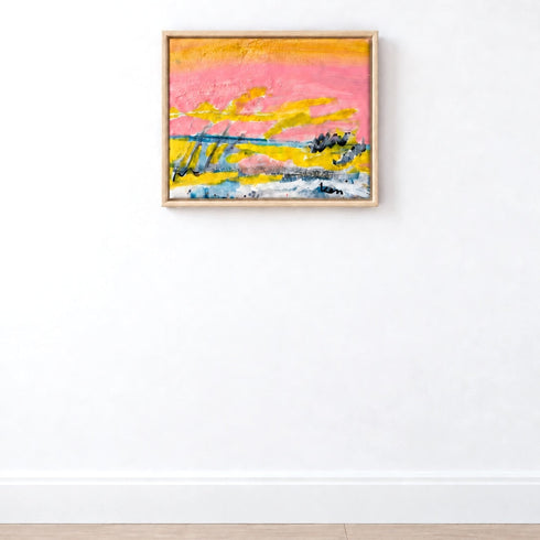 Close-up of Sunset Summer, an abstract original painting on canvas, framed in wood