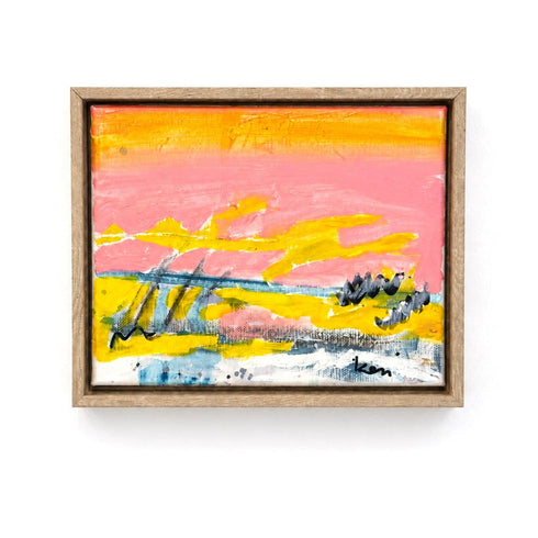 Sunset Summer, an abstract pink and gold original painting on canvas in a wood frame