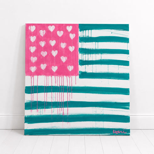 Sunshine Saltwater Forever Flag, an original acrylic painting by Kerri Rosenthal featuring a flag design with hand-painted white hearts on a vibrant pink field and bold turquoise horizontal stripes with expressive drips on a white canvas, 40x40 inches.