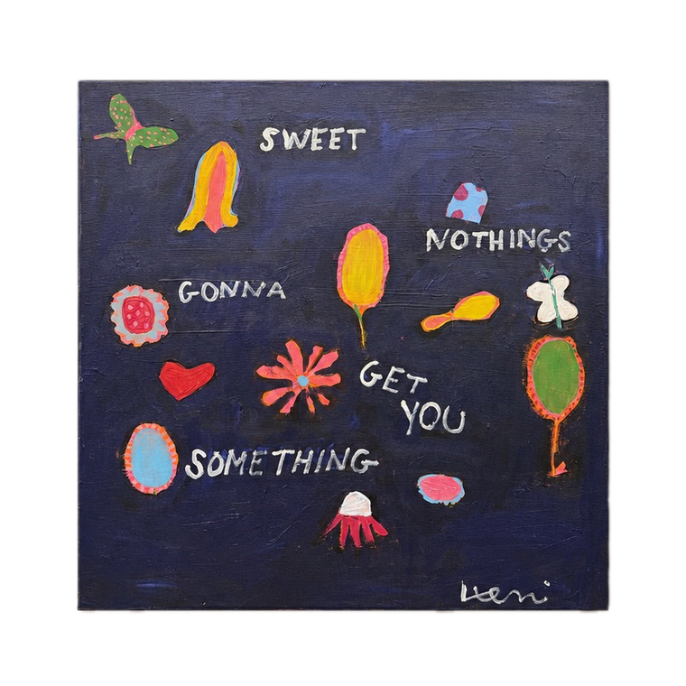 Midnight blue canvas scattered with small bright flowers and shapes, hand-lettered "SWEET NOTHINGS GONNA GET YOU SOMETHING