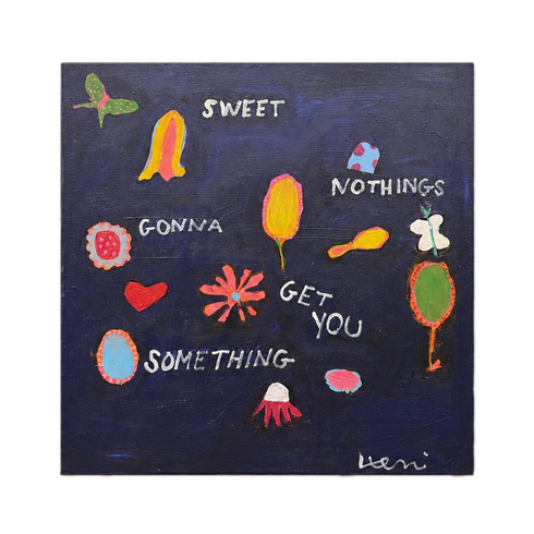 Midnight blue canvas scattered with small bright flowers and shapes, hand-lettered "SWEET NOTHINGS GONNA GET YOU SOMETHING