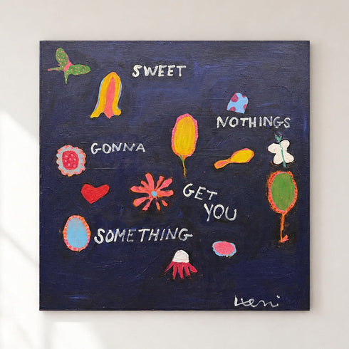 Sweet Nothings original painting by Kerri Rosenthal - navy blue abstract folk art with colorful flowers, heart, and butterfly illustrations and hand-painted text.