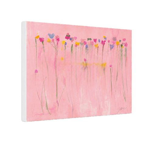 Kerri Rosenthal pink wildflower field abstract painting with colorful blooms on blush background on stretched canvas