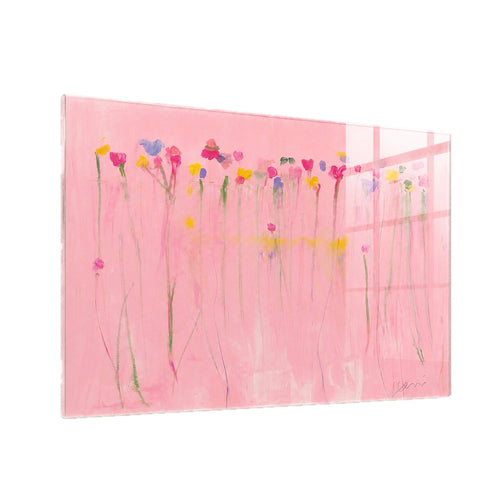 Kerri Rosenthal pink wildflower field abstract painting with colorful blooms on blush background in plexi frame